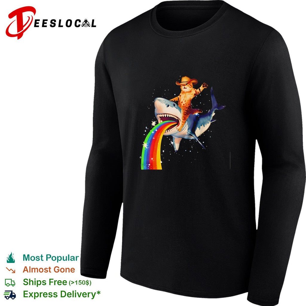 Cowboy cat riding a shark rainbow funny shirt Unisex