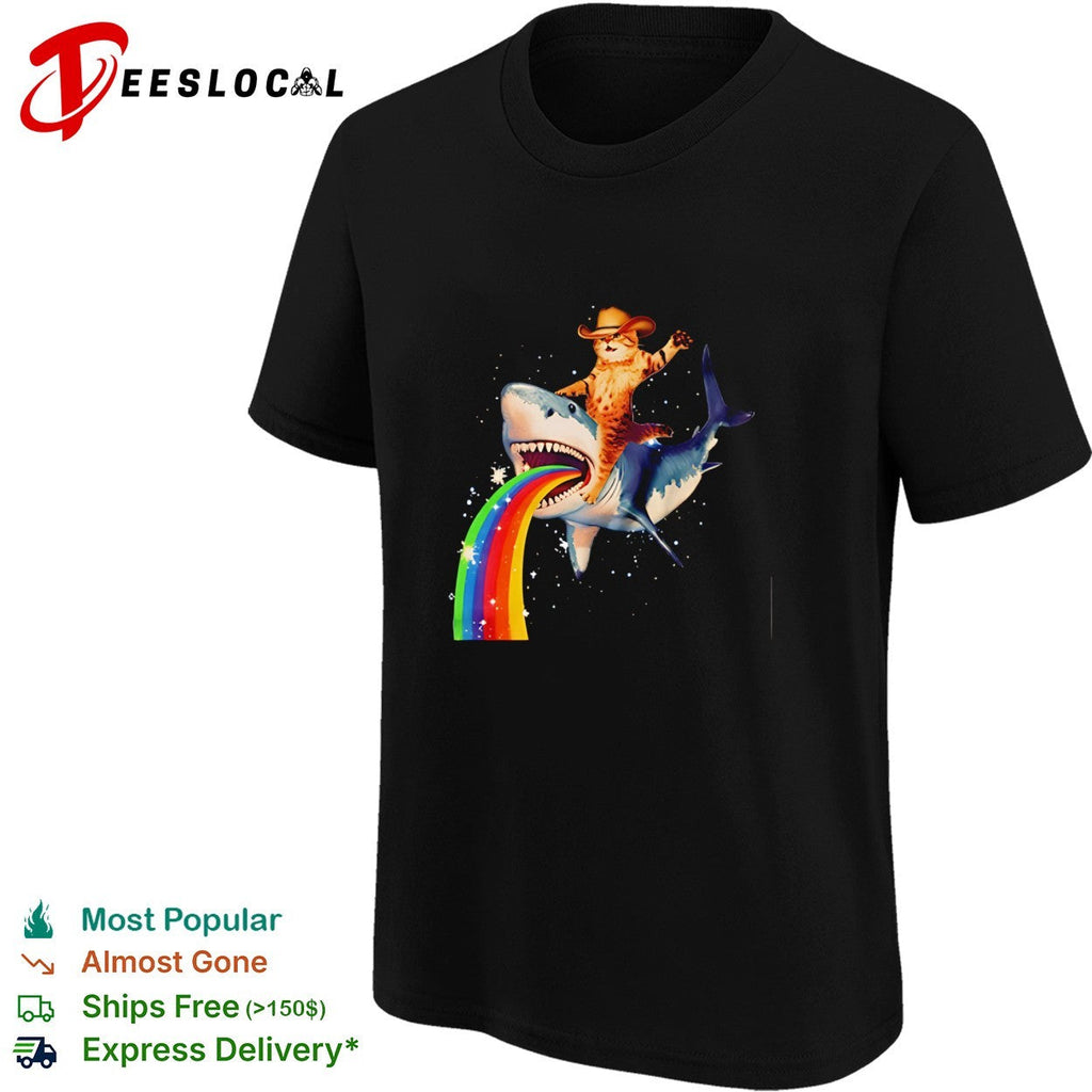 Cowboy cat riding a shark rainbow funny shirt Unisex
