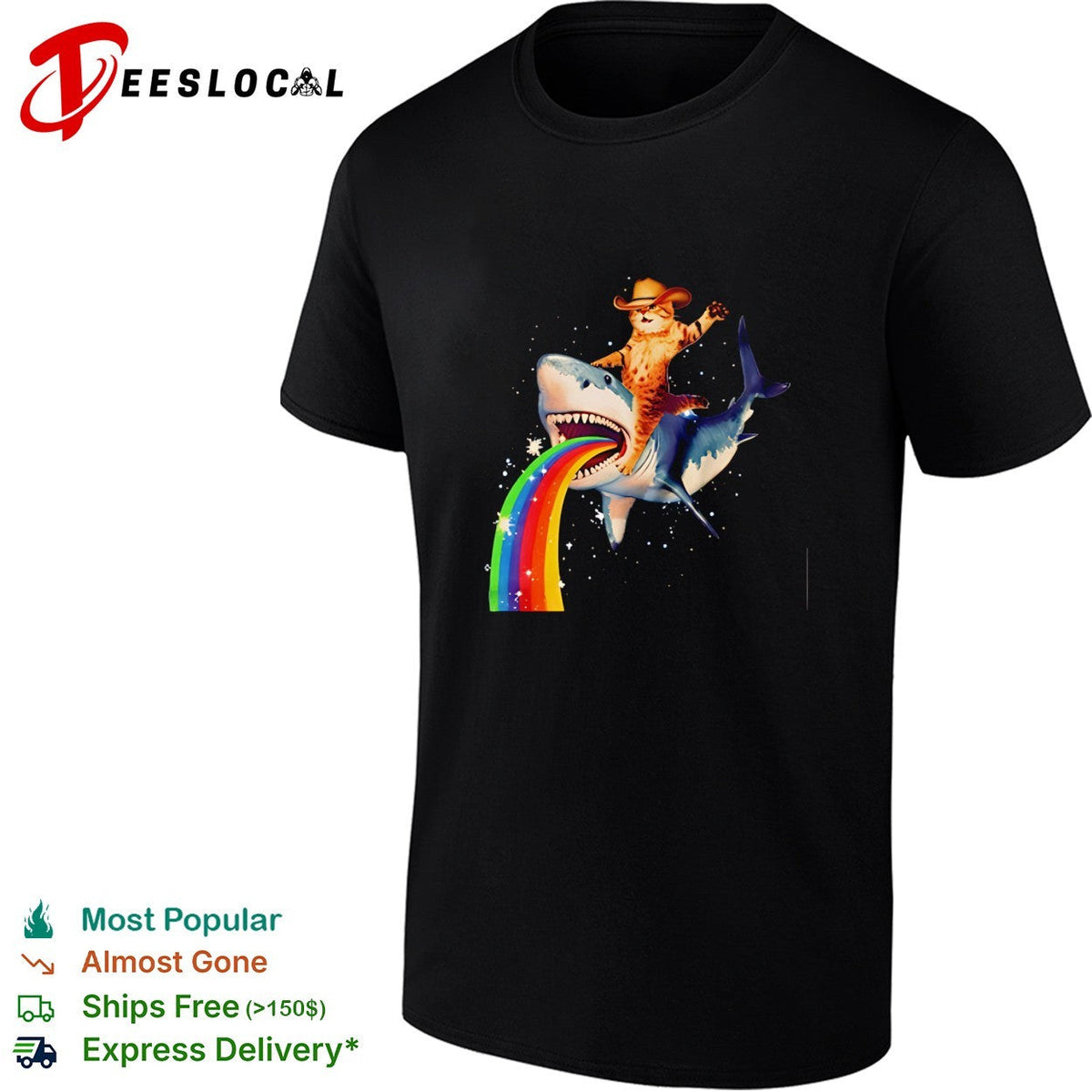 Cowboy cat riding a shark rainbow funny shirt Unisex