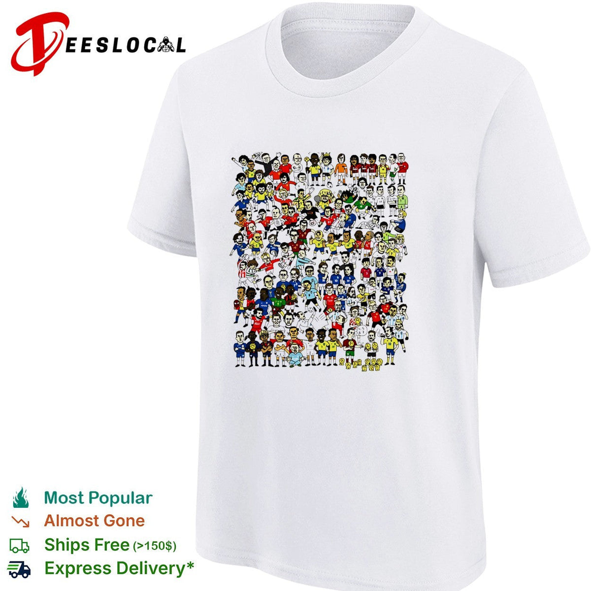 Crowd of cartoon soccer player figures sticker style collage illustration shirt Unisex