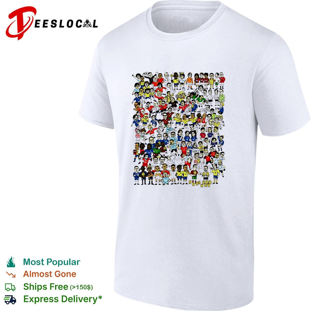 Crowd of cartoon soccer player figures sticker style collage illustration shirt Unisex