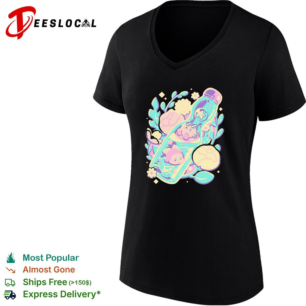 Cute animals sleeping in bottle floral kawaii pastel art shirt Unisex