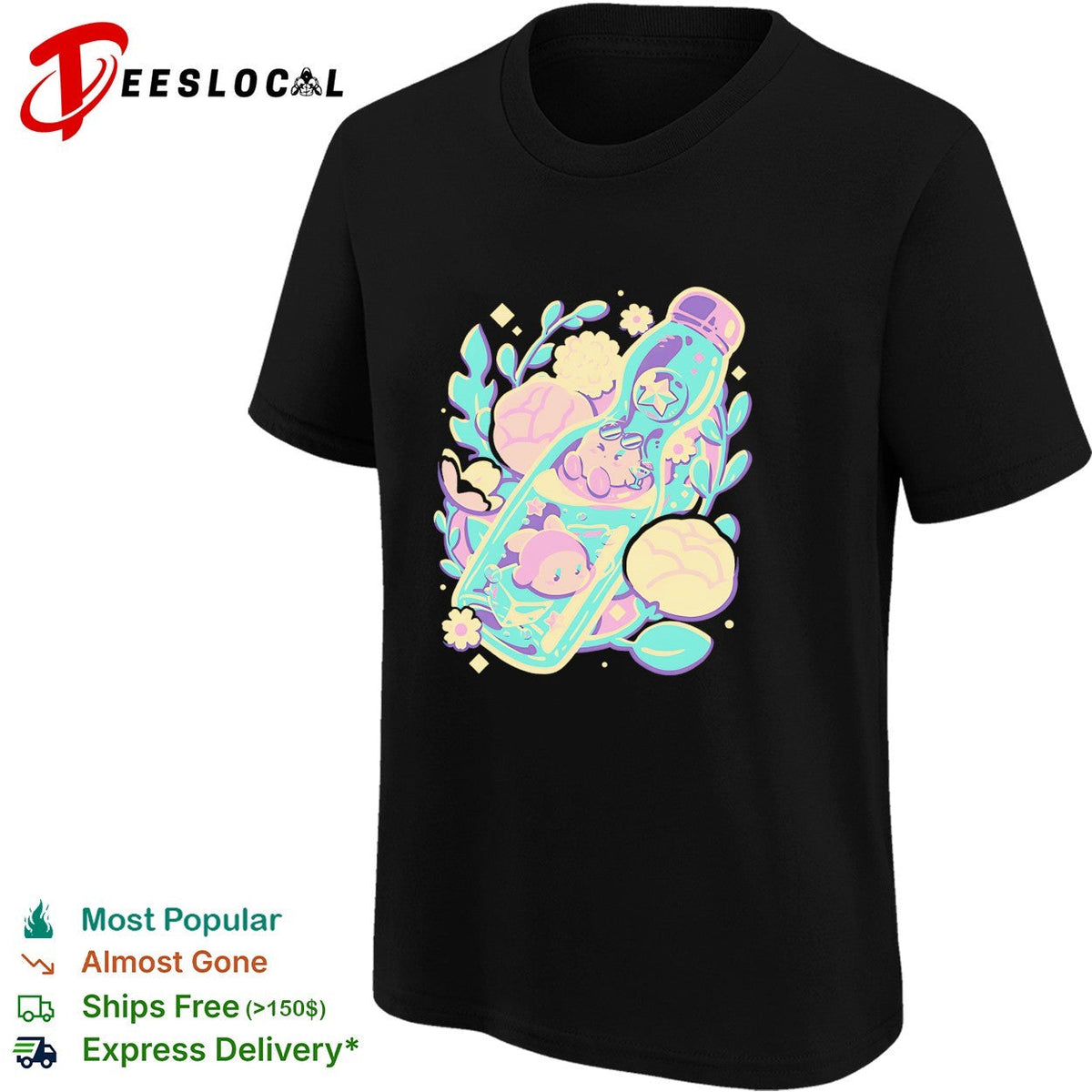 Cute animals sleeping in bottle floral kawaii pastel art shirt Unisex
