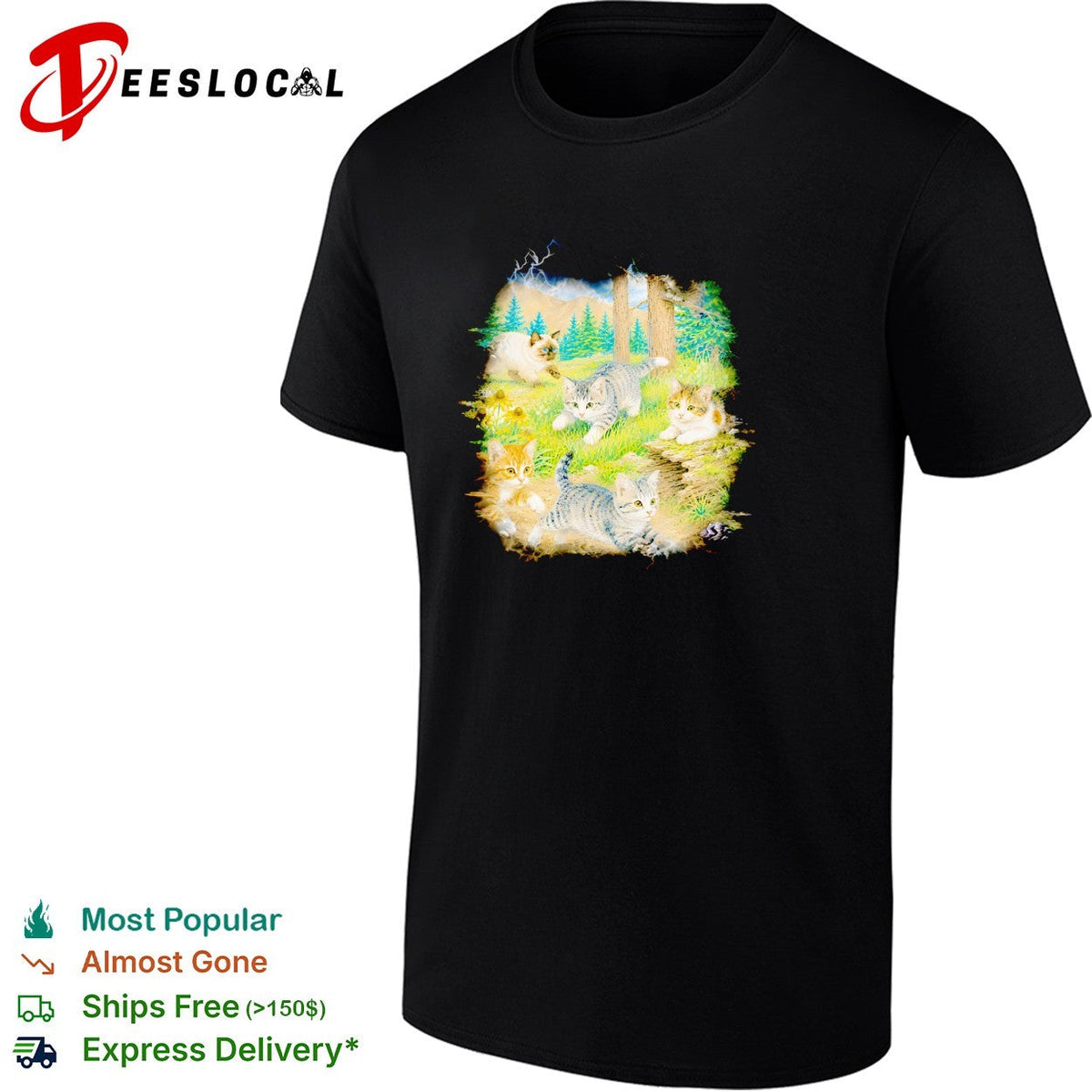 Cute kittens playing in forest meadow nature vintage photo shirt Unisex