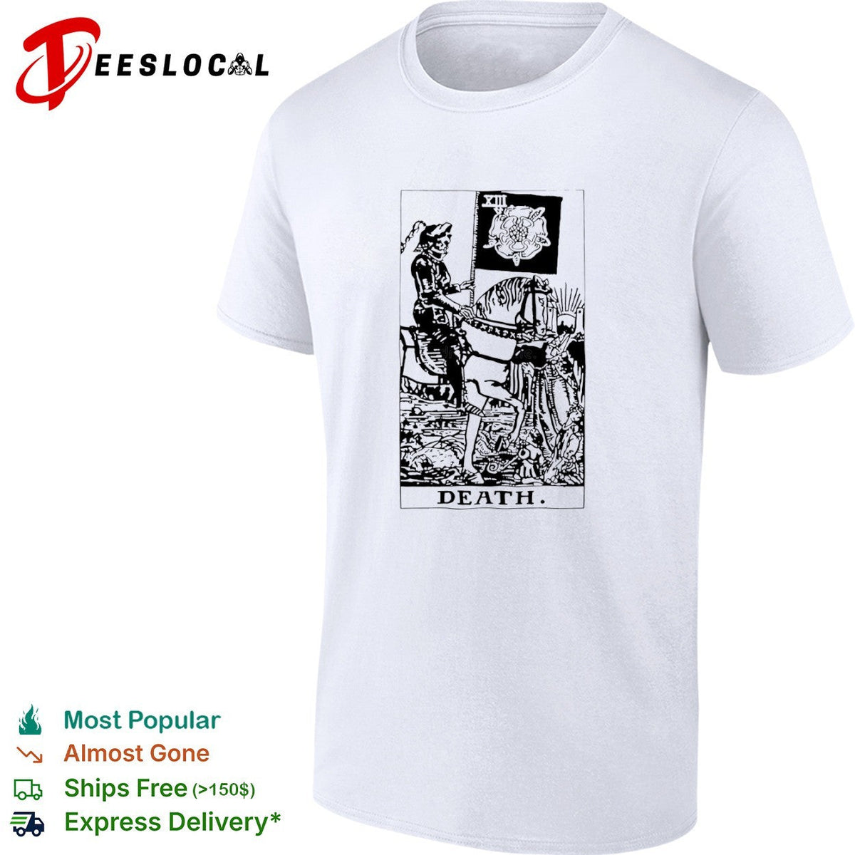 Death Tarot Card XIII Skeleton Riding Horse and Black Rose shirt Unisex