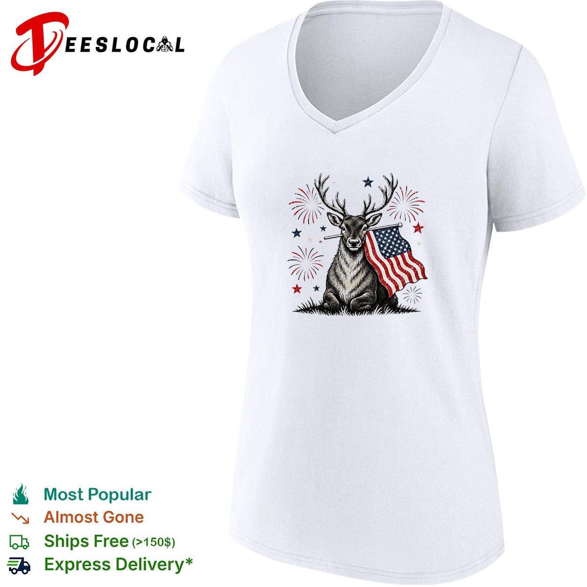 Deer holding USA flag fireworks 4th of July patriotic shirt Unisex