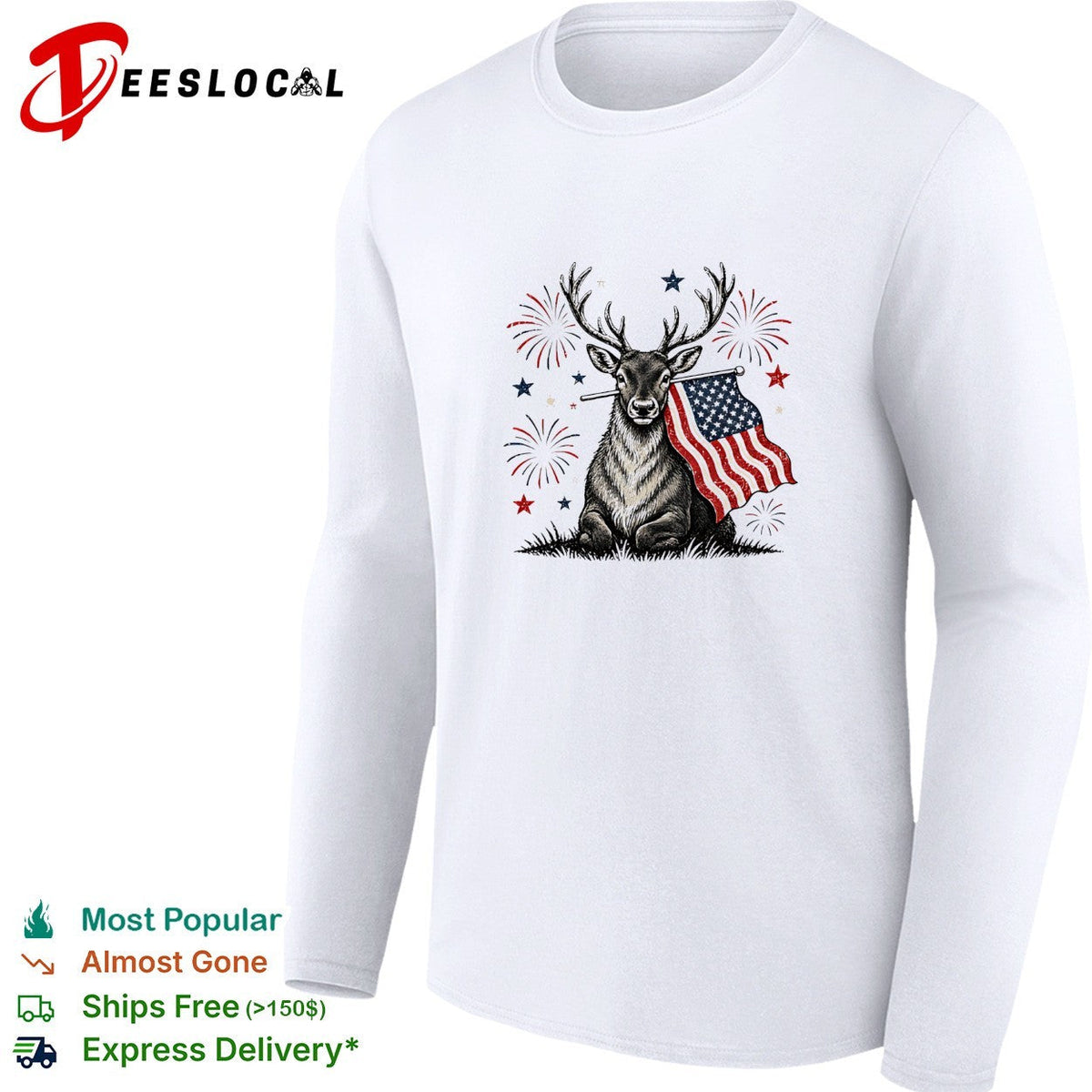 Deer holding USA flag fireworks 4th of July patriotic shirt Unisex