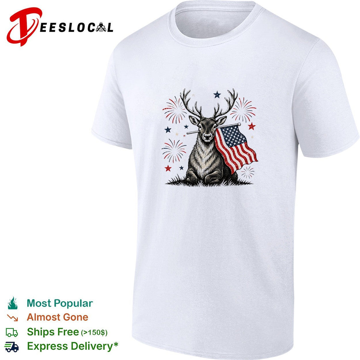Deer holding USA flag fireworks 4th of July patriotic shirt Unisex