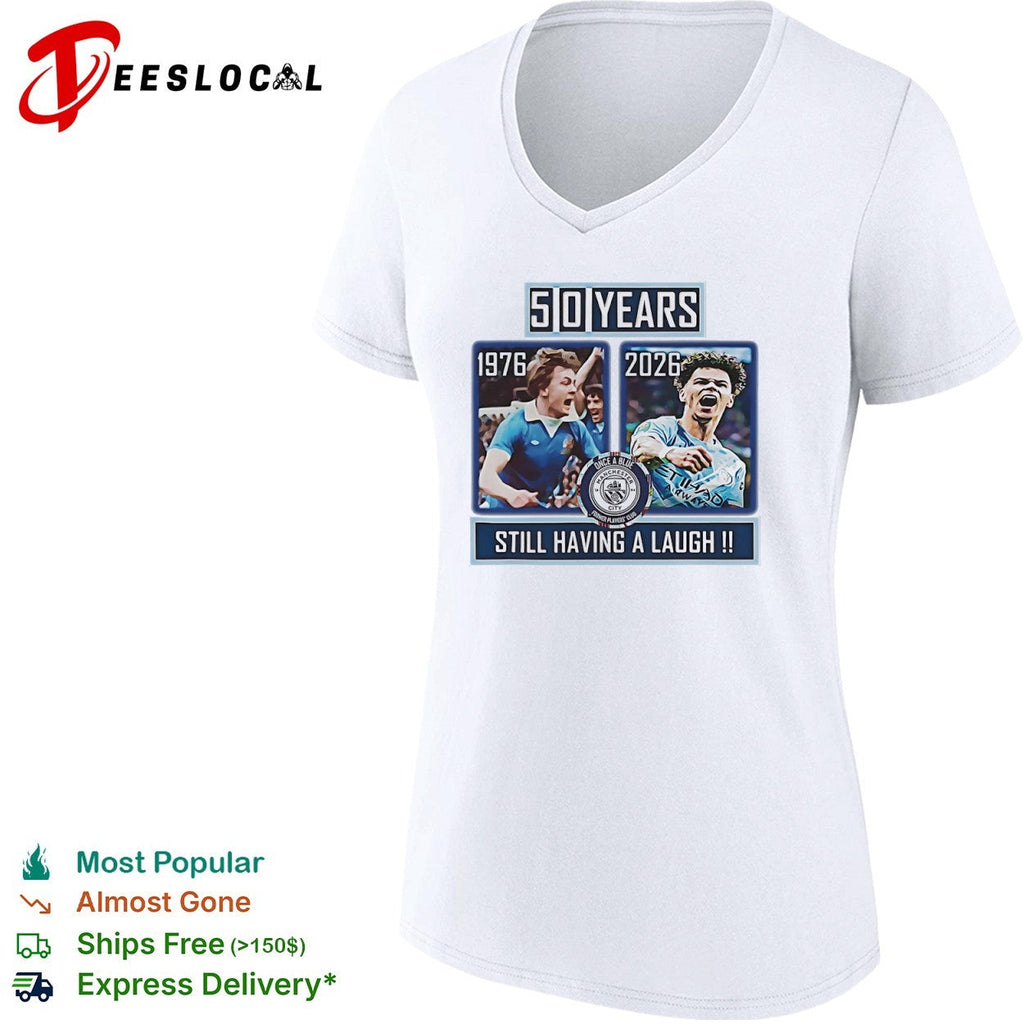 Dennis Tueart and Rico Lewis Manchester City 50 Years Still Having a Laugh shirt Unisex