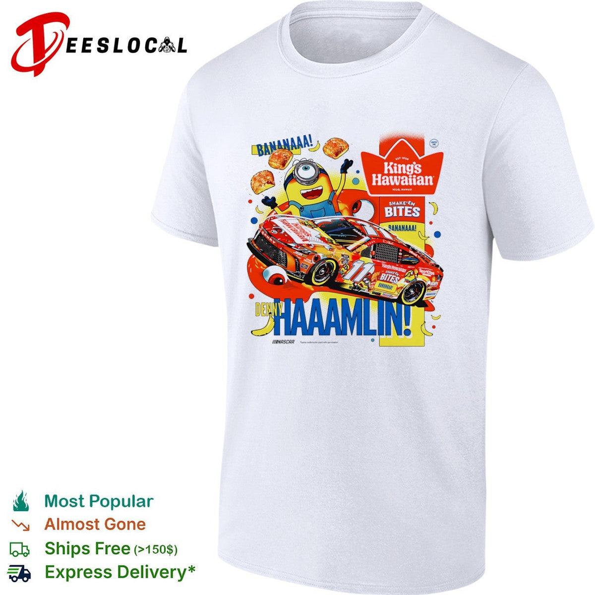 Denny Hamlin Joe Gibbs Racing NASCAR Minions King’s Hawaiian Bananaaa Shake’em Bites shirt