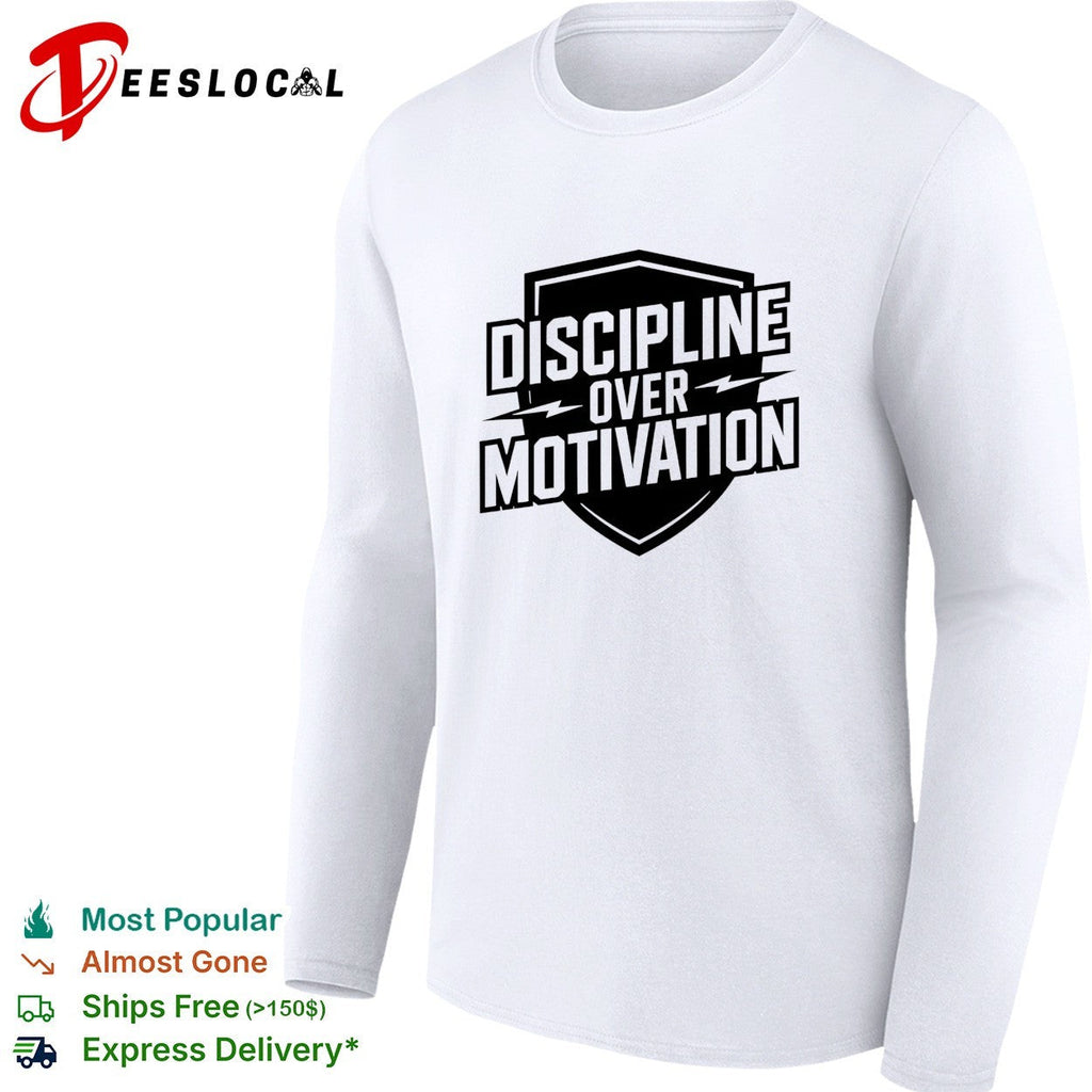 Discipline over Motivation shield text fitness motivational athletic gym shirt Unisex