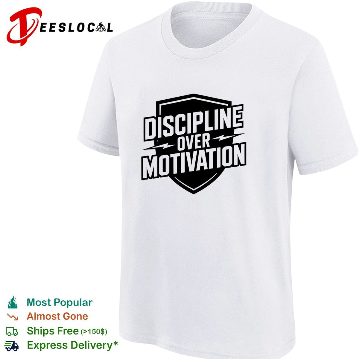 Discipline over Motivation shield text fitness motivational athletic gym shirt Unisex