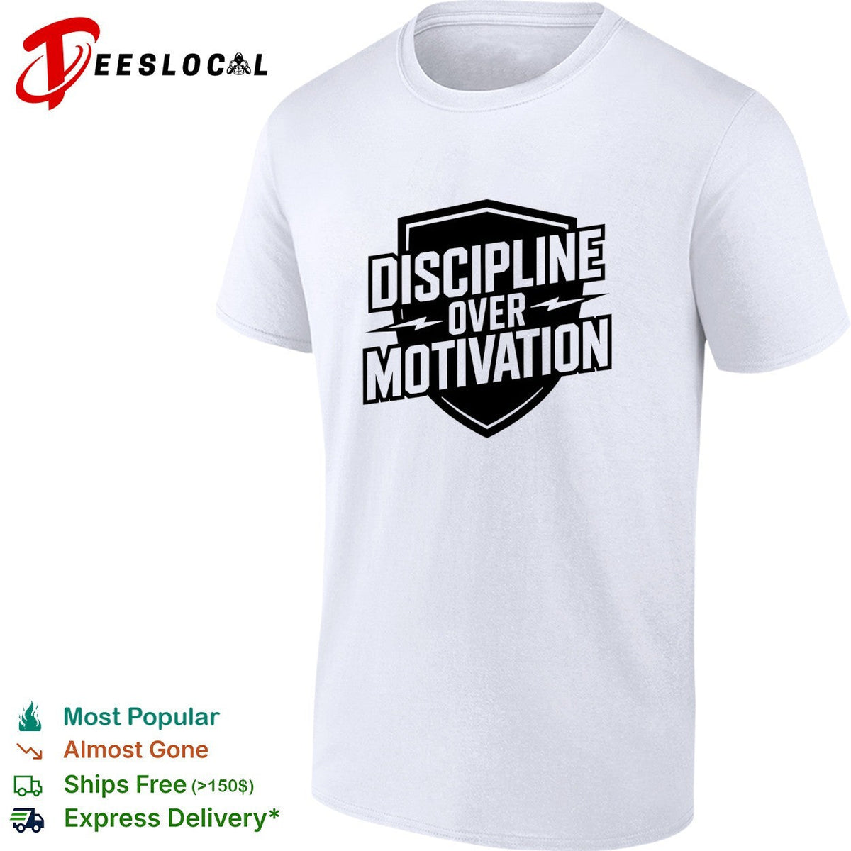 Discipline over Motivation shield text fitness motivational athletic gym shirt Unisex