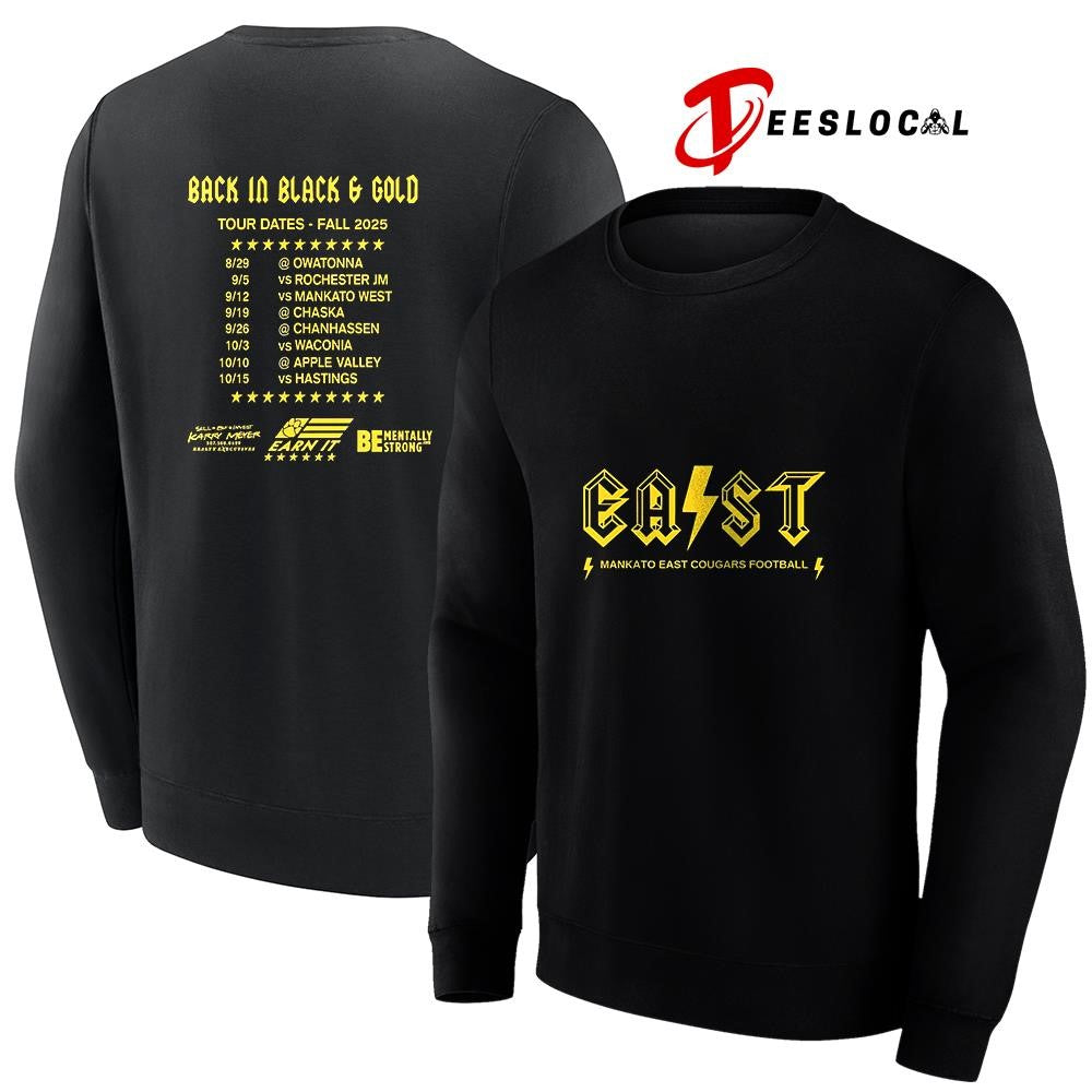EAST Mankato East Cougars football Back in black and gold graphic shirt Unisex