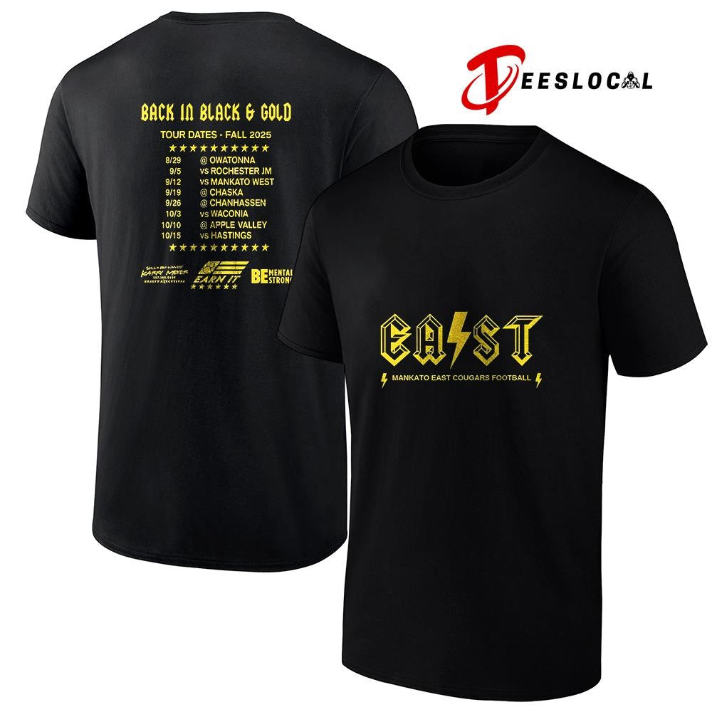 EAST Mankato East Cougars football Back in black and gold graphic shirt Unisex