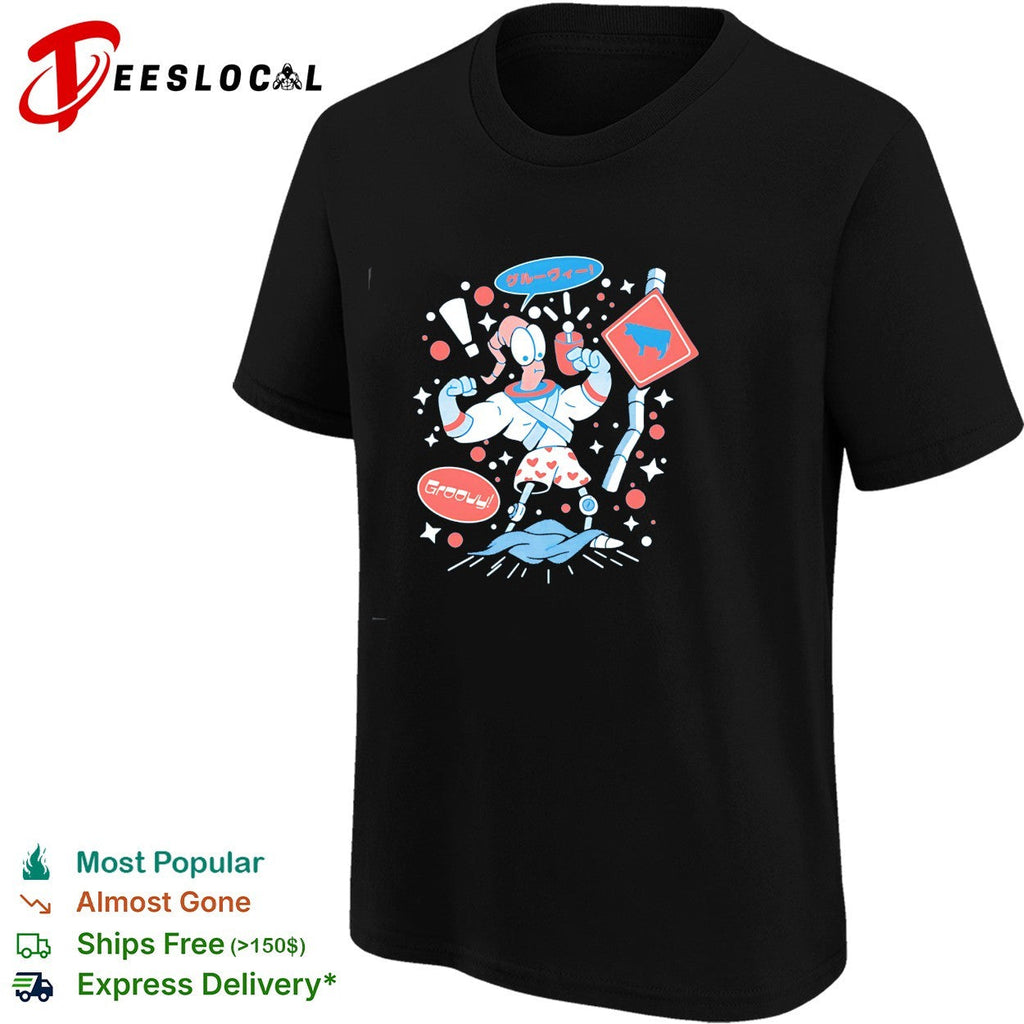 Earthworm Jim Groovy Japanese kanji cartoon humor shirt Unisex