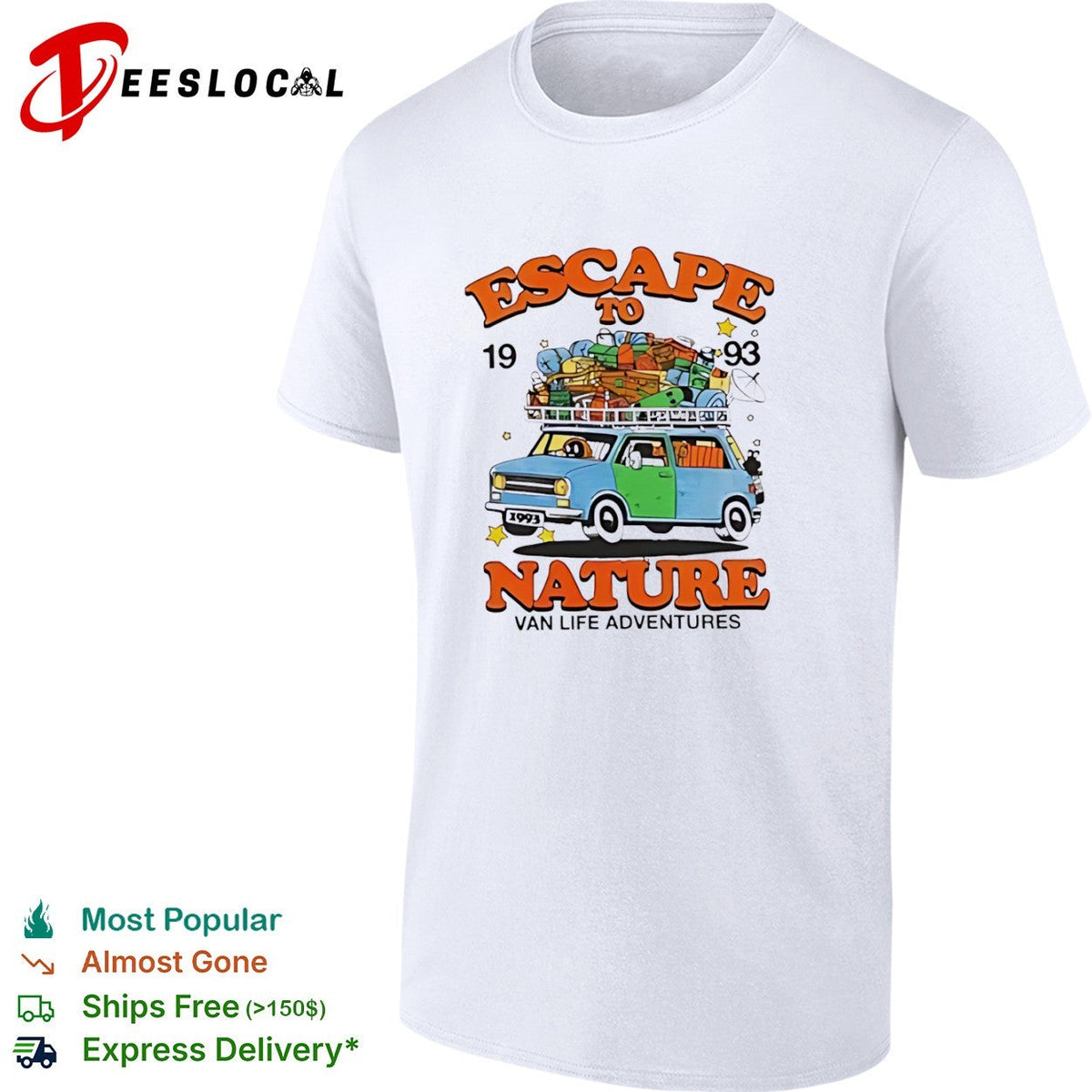 Escape to nature 1993 van life adventures blue van travel pack luggage print shirt Unisex