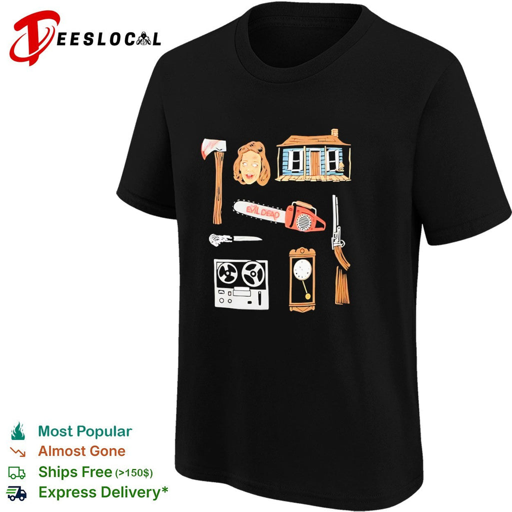 Evil Dead Horror Movie Icons Cabin Chainsaw Axe Tape Recorder Boomstick Shirt Unisex