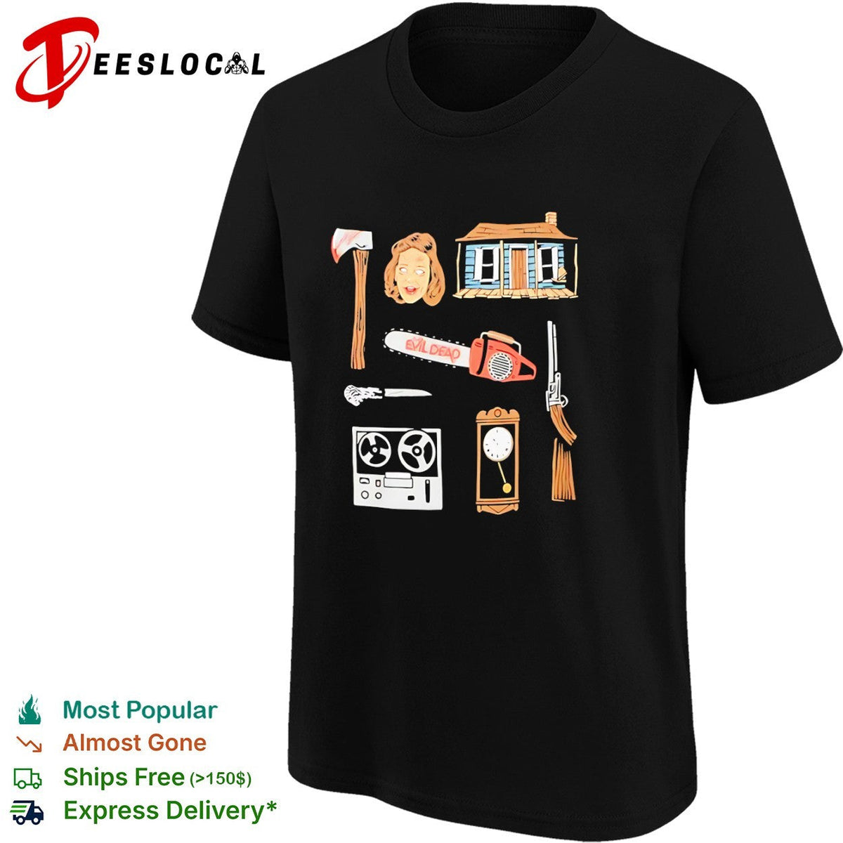 Evil Dead Horror Movie Icons Cabin Chainsaw Axe Tape Recorder Boomstick Shirt Unisex