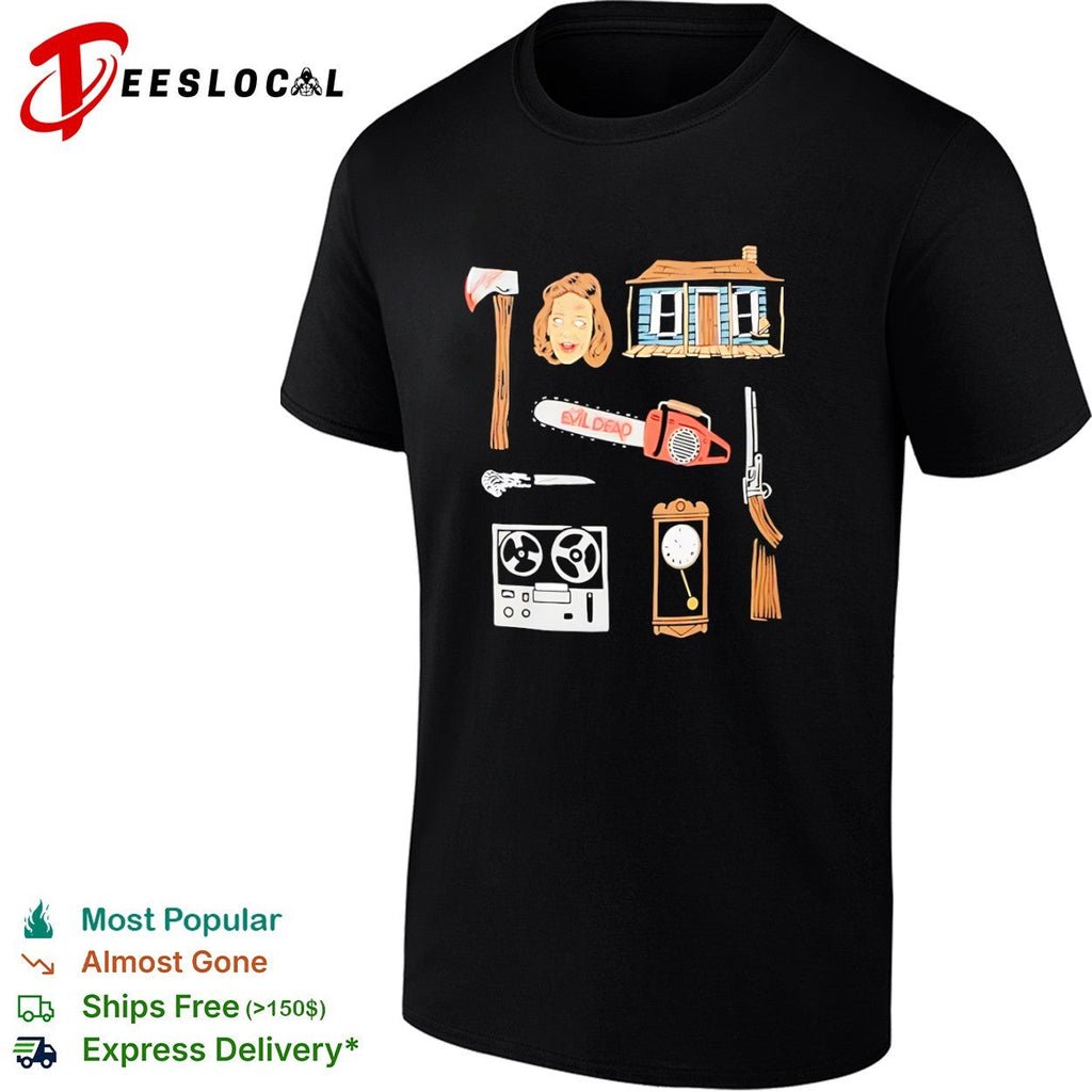 Evil Dead Horror Movie Icons Cabin Chainsaw Axe Tape Recorder Boomstick Shirt Unisex