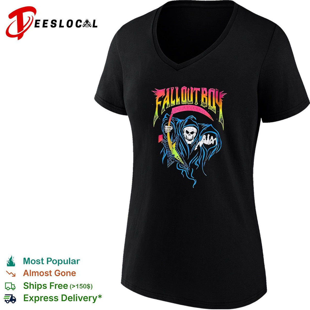 Fall Out Boy Stadium Rock n Roll Grim Reaper Electric Guitar Music Band shirt Unisex