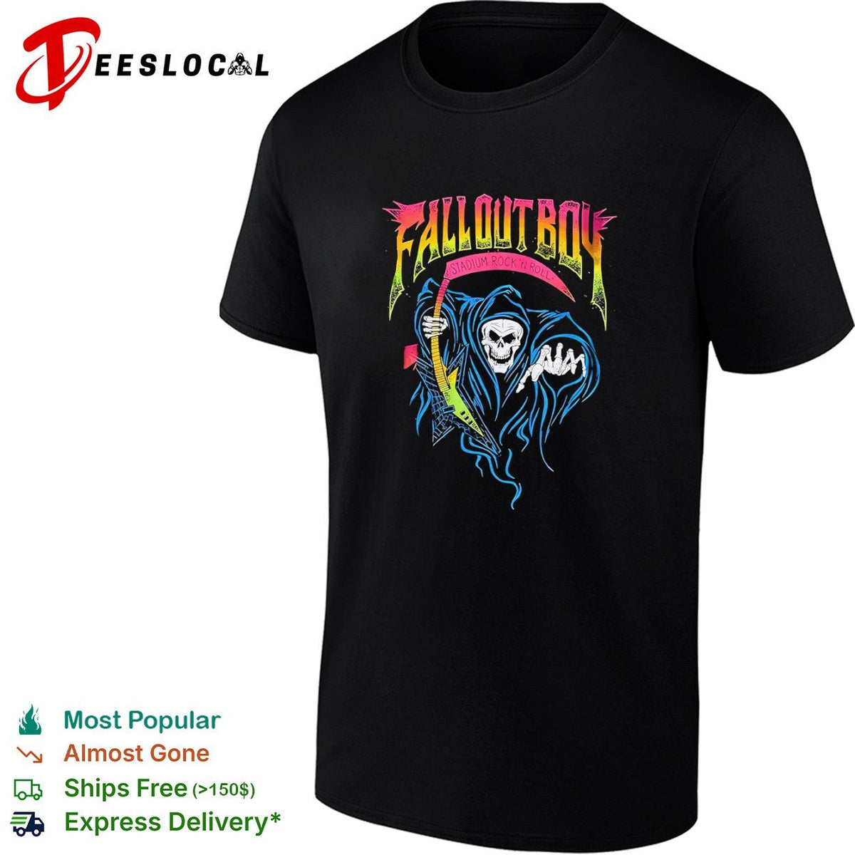 Fall Out Boy Stadium Rock n Roll Grim Reaper Electric Guitar Music Band shirt Unisex
