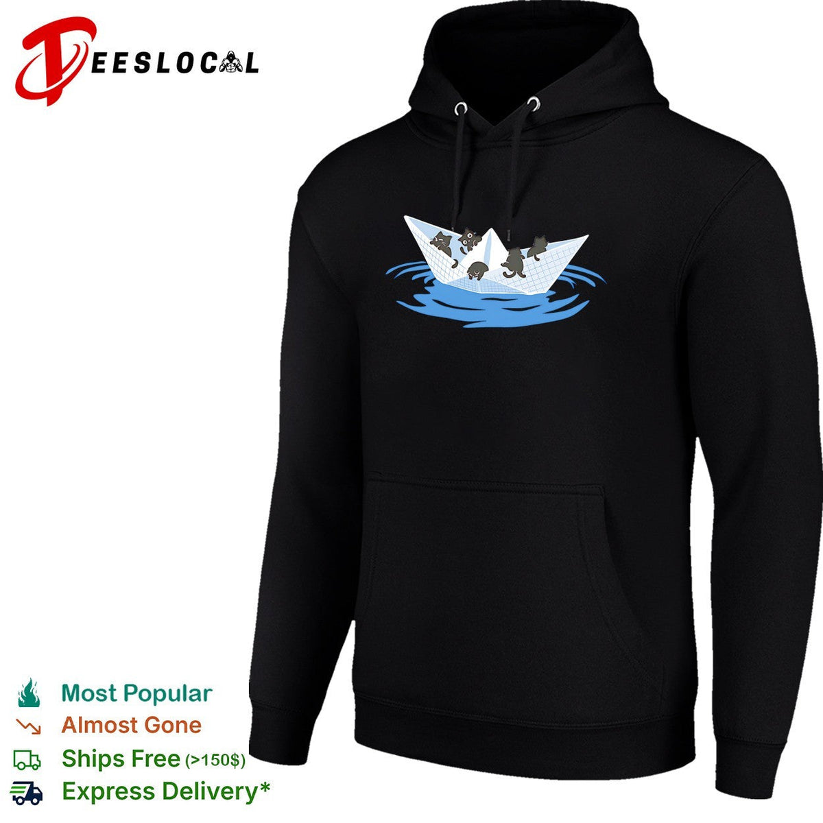 Four cats riding paper boat sailing on water cute illustration shirt Unisex