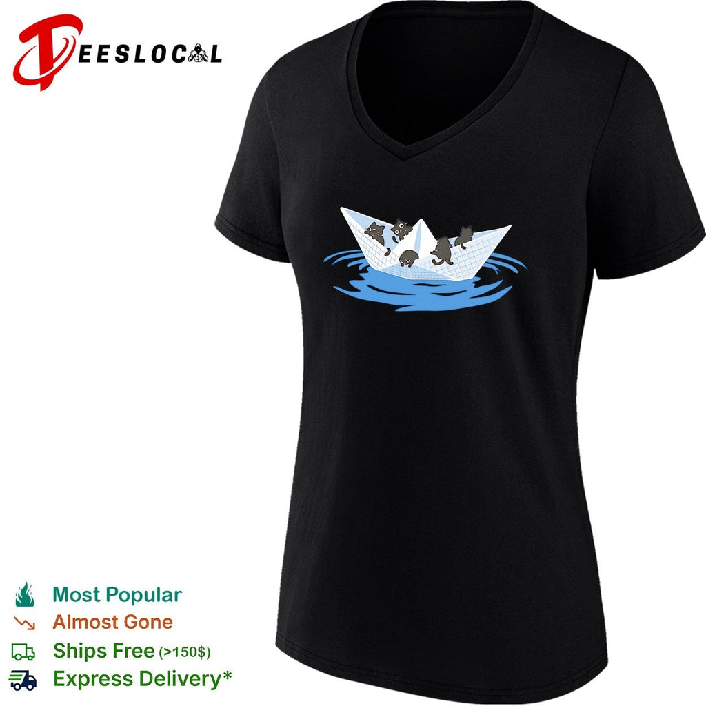 Four cats riding paper boat sailing on water cute illustration shirt Unisex