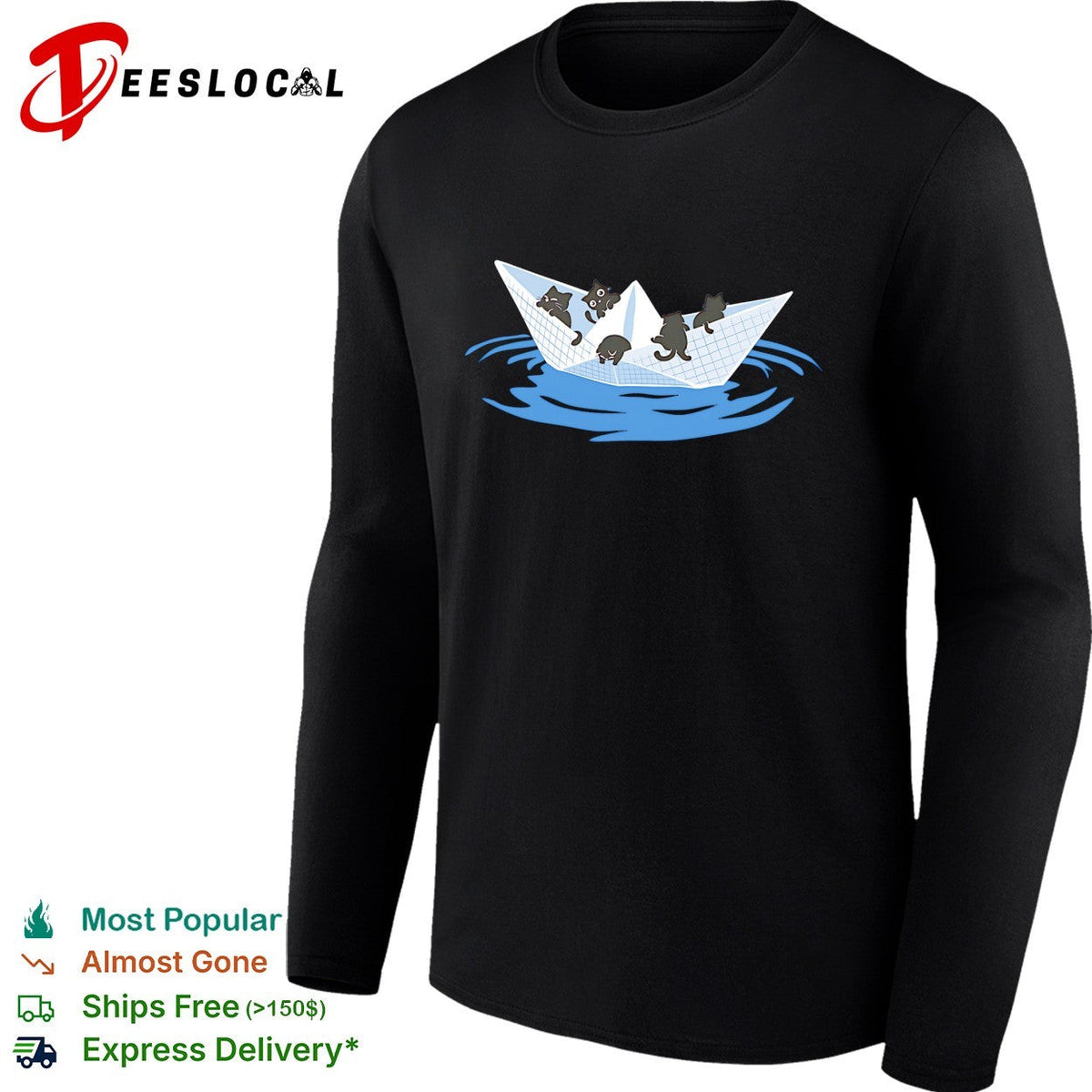 Four cats riding paper boat sailing on water cute illustration shirt Unisex