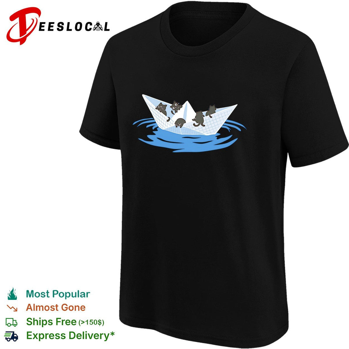 Four cats riding paper boat sailing on water cute illustration shirt Unisex