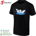 Four cats riding paper boat sailing on water cute illustration shirt Unisex