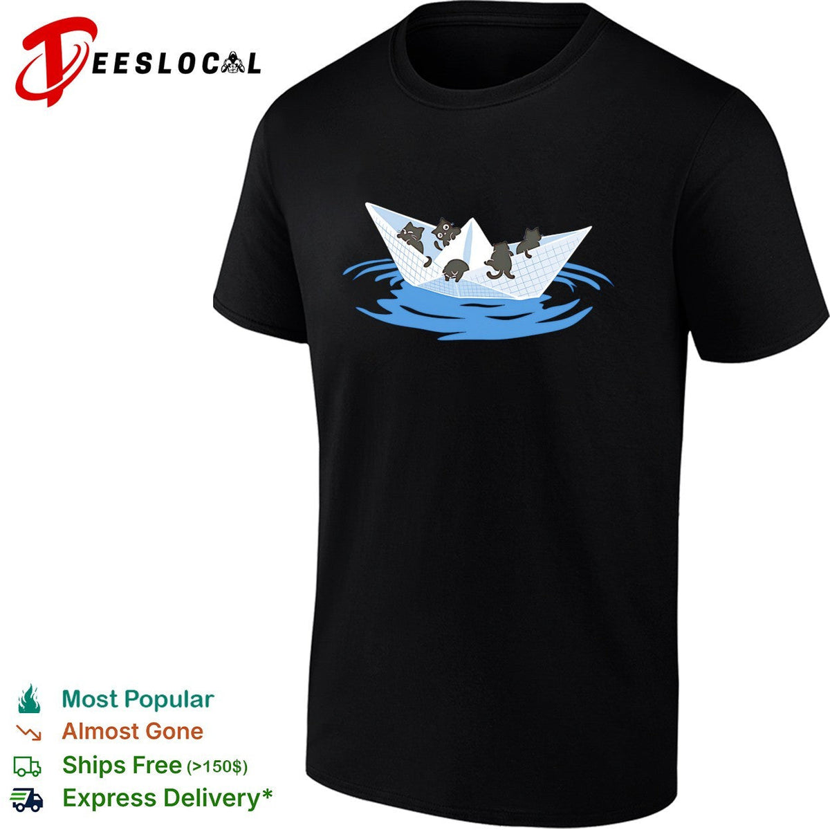 Four cats riding paper boat sailing on water cute illustration shirt Unisex