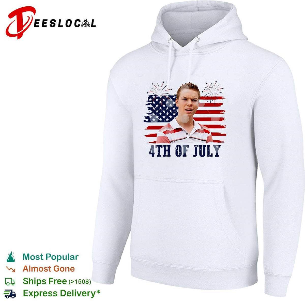 Fourth of July young man surprised face USA flag fireworks shirt Unisex