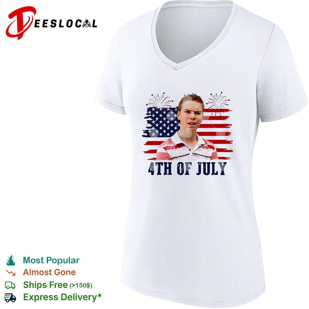 Fourth of July young man surprised face USA flag fireworks shirt Unisex