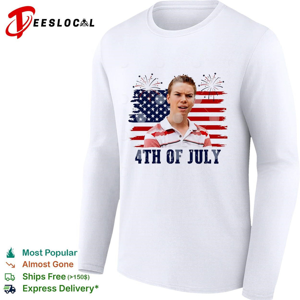Fourth of July young man surprised face USA flag fireworks shirt Unisex