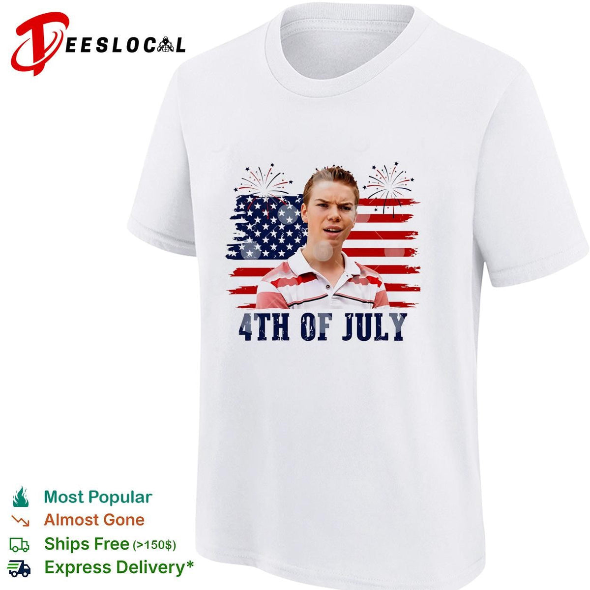 Fourth of July young man surprised face USA flag fireworks shirt Unisex