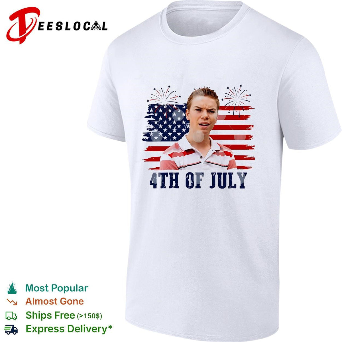 Fourth of July young man surprised face USA flag fireworks shirt Unisex