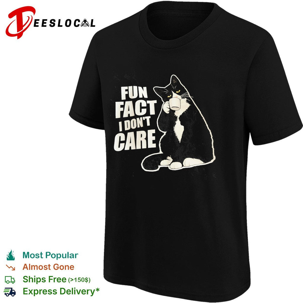 Fun fact i dont care tuxedo cat drinking coffee apparel shirt Unisex