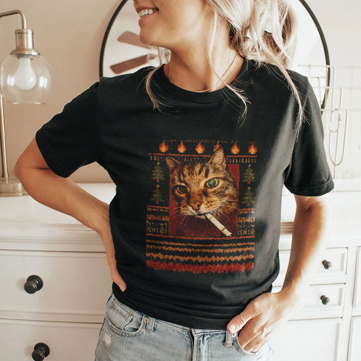 Funny Smoking Cat Meme Christmas T Shirt Unisex