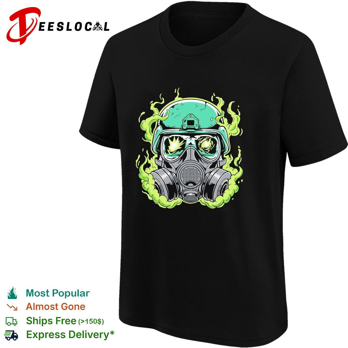 Gas mask soldier with green smoke and explosion goggles illustration graphic shirt Unisex
