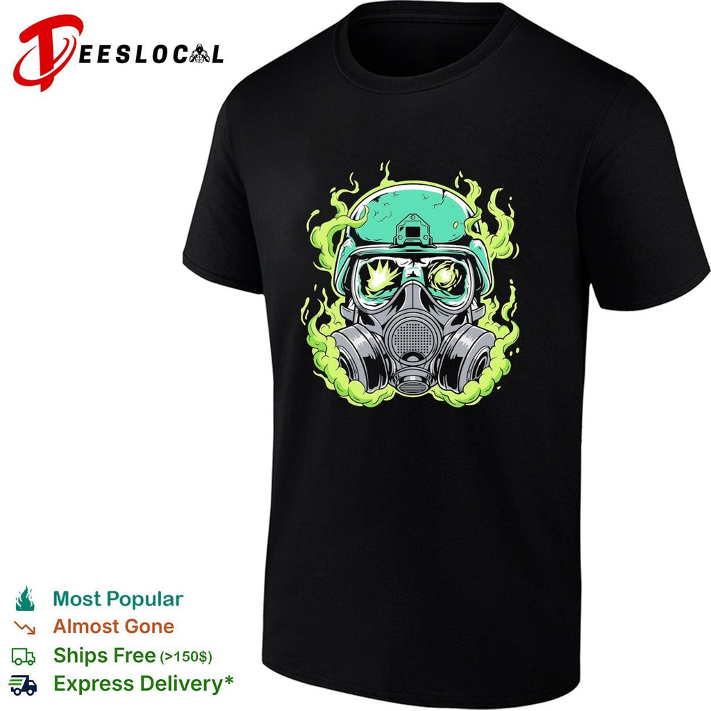 Gas mask soldier with green smoke and explosion goggles illustration graphic shirt Unisex