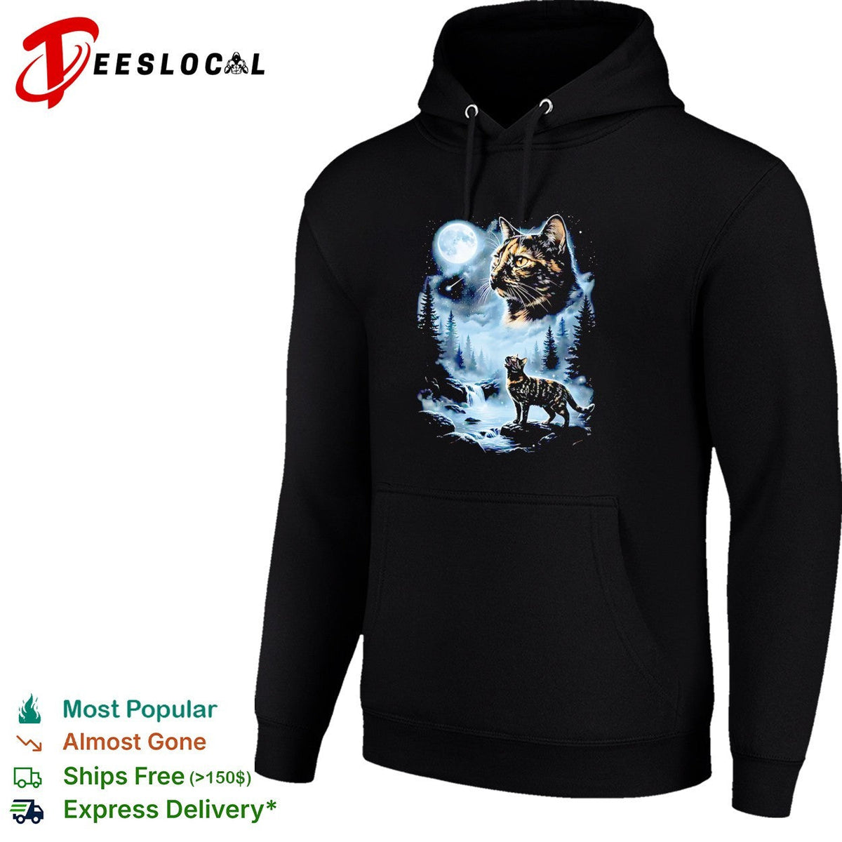 Giant cat moon face forest waterfall night scene mystical art shirt Unisex
