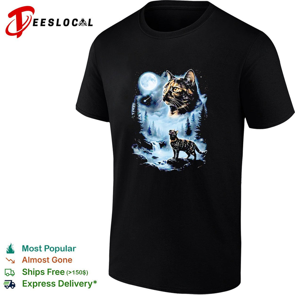 Giant cat moon face forest waterfall night scene mystical art shirt Unisex