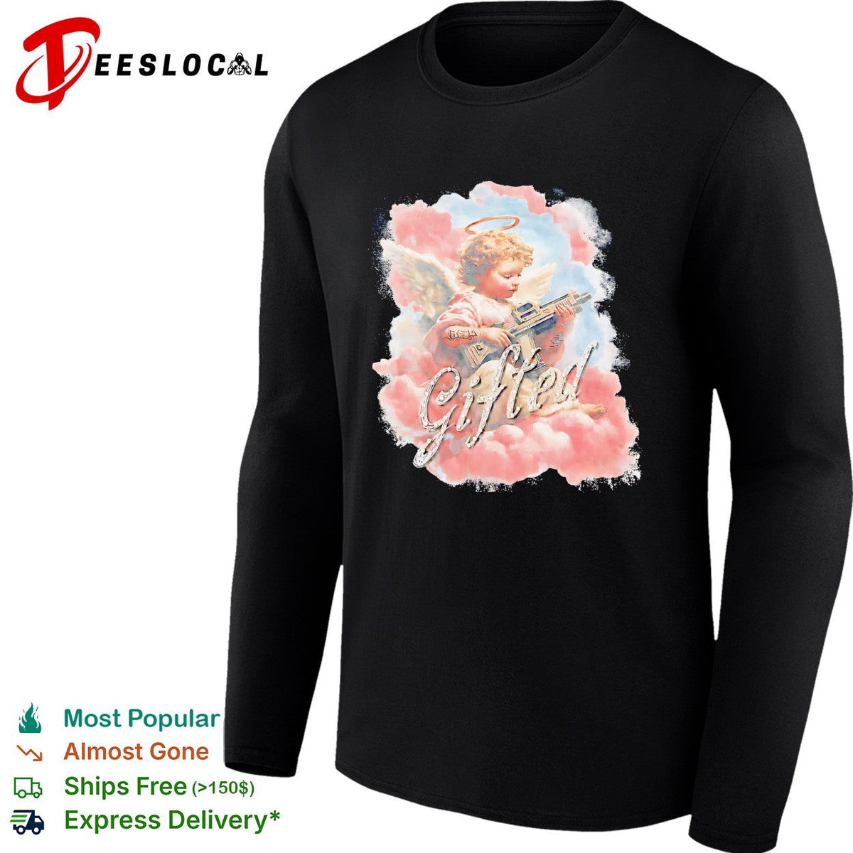 Gifted Cherub with Halo and Submachine Gun GFTD LA Black Airbrushed Aesthetic shirt Unisex