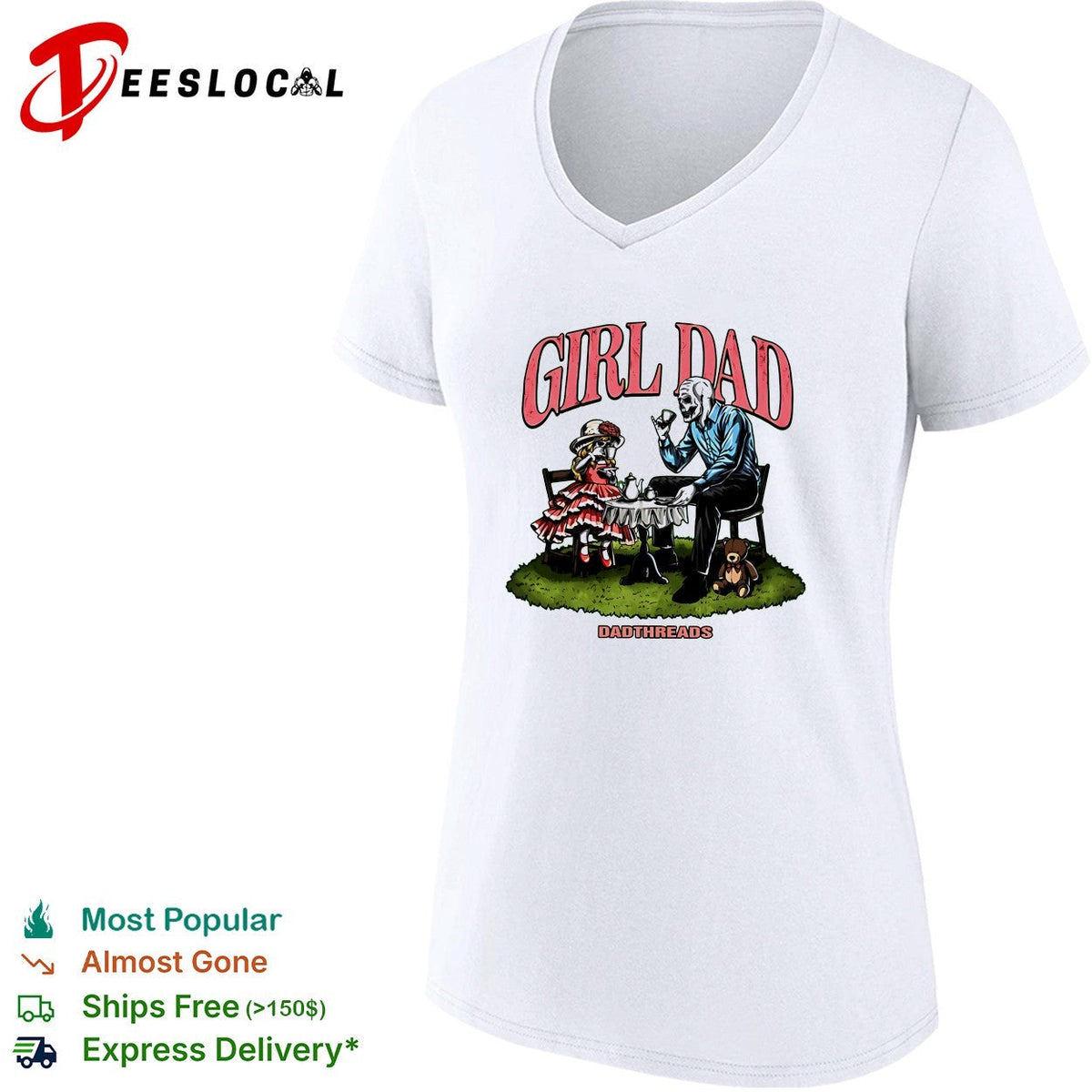 Girl Dad skeleton and child tea party illustration Dadthreads brand graphic shirt Unisex