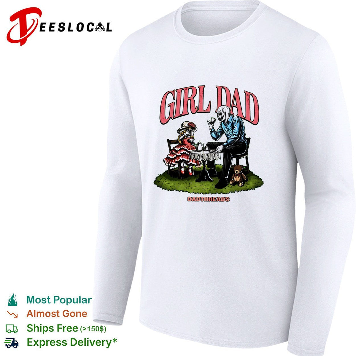 Girl Dad skeleton and child tea party illustration Dadthreads brand graphic shirt Unisex