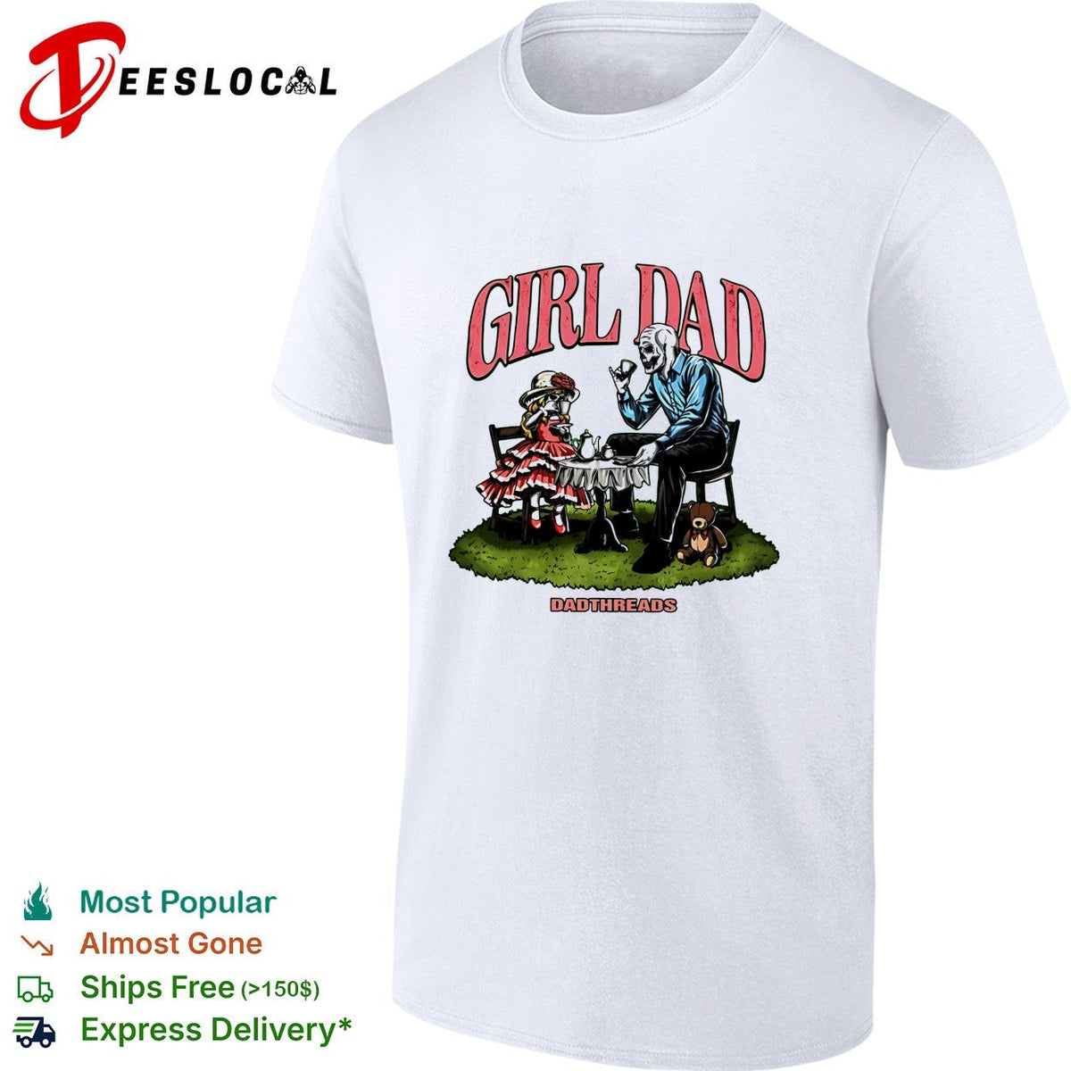 Girl Dad skeleton and child tea party illustration Dadthreads brand graphic shirt Unisex
