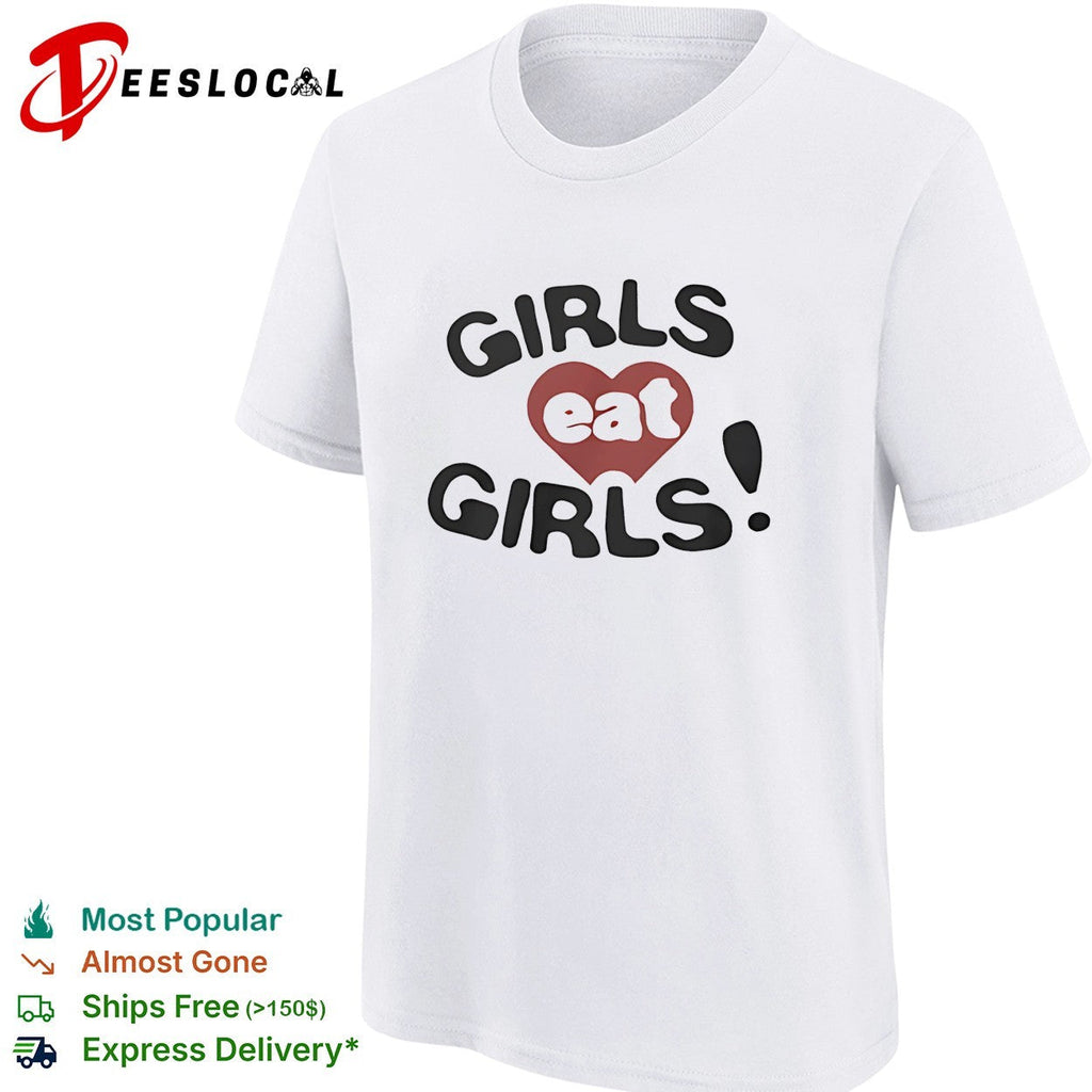 Girls eat girls text red heart aesthetic print design minimalist shirt Unisex
