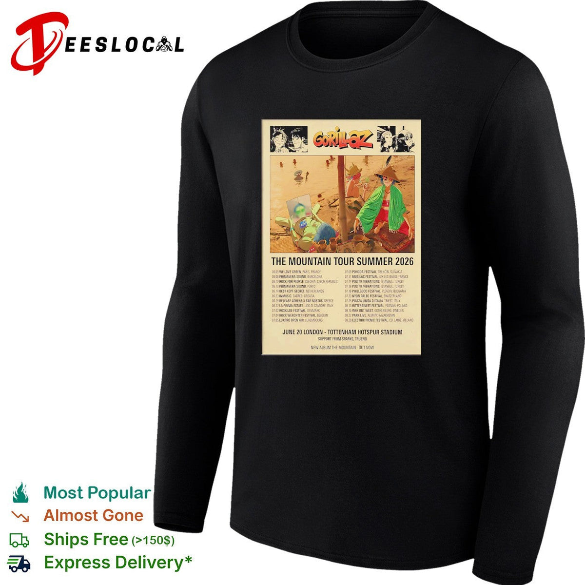 Gorillaz The Mountain Tour Summer 2026 London Tottenham Hotspur Stadium shirt Unisex