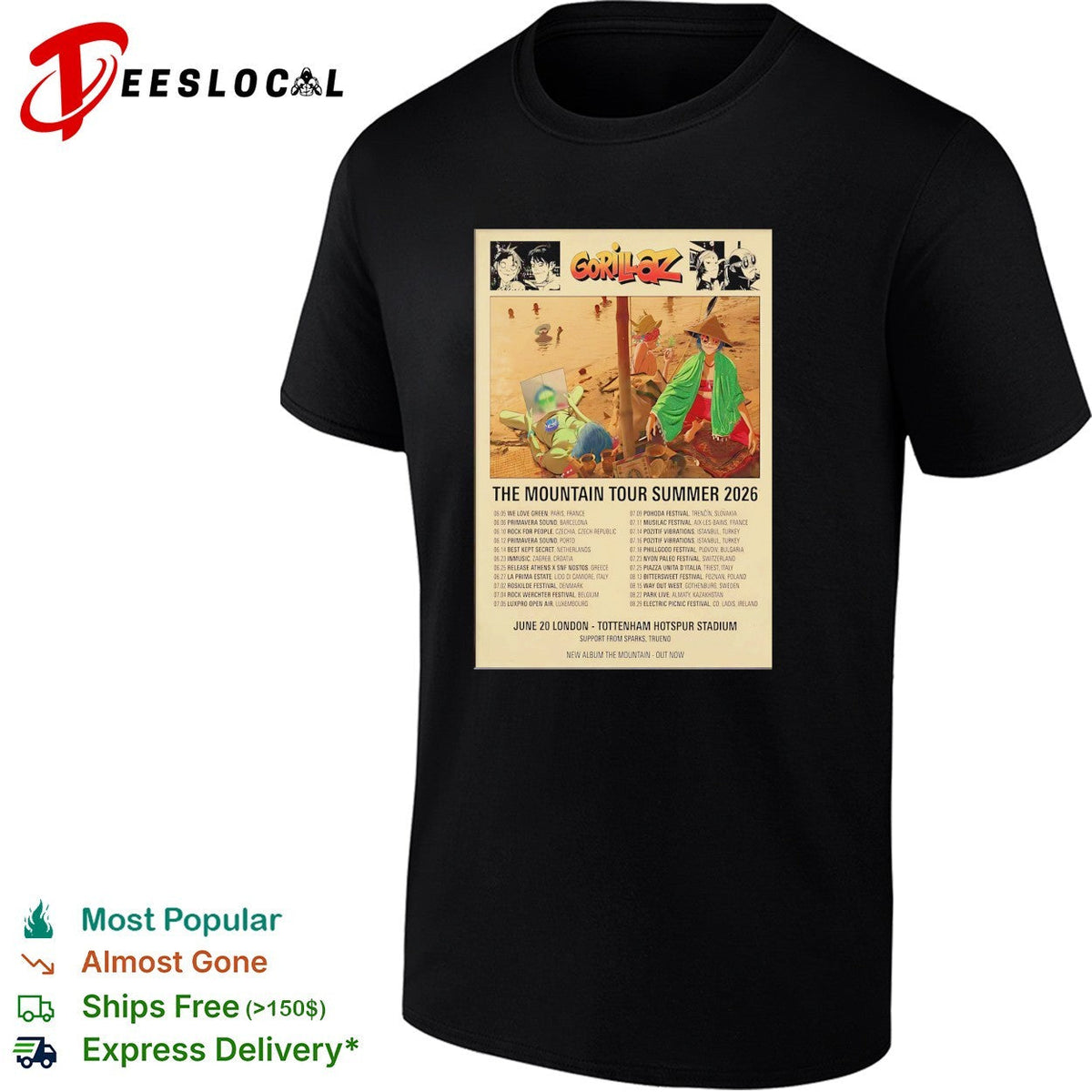 Gorillaz The Mountain Tour Summer 2026 London Tottenham Hotspur Stadium shirt Unisex